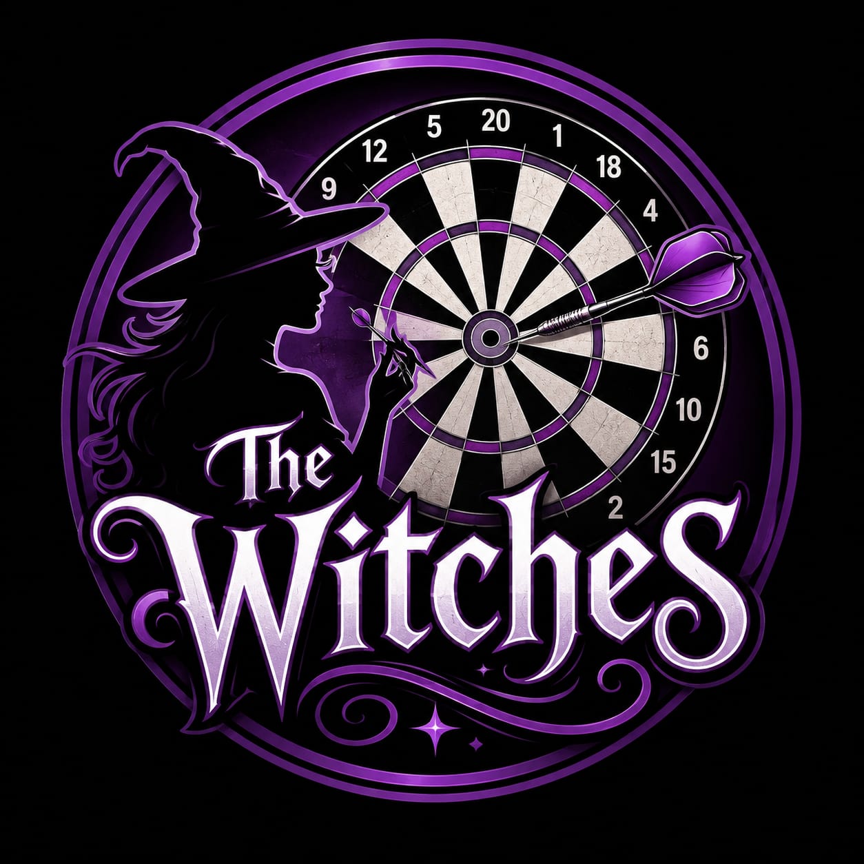 The Witches Logo mit Hexe und Dartscheibe